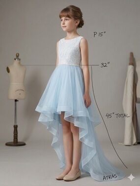 Light Blue Lace & Tulle High-Low Girls Dress Sz 14
